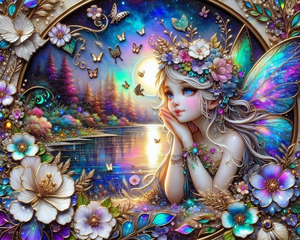 Whimsical Fairy by Serene Lake with Vibrant Flowers