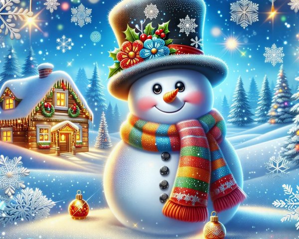 Cheerful snowman in a snowy winter landscape