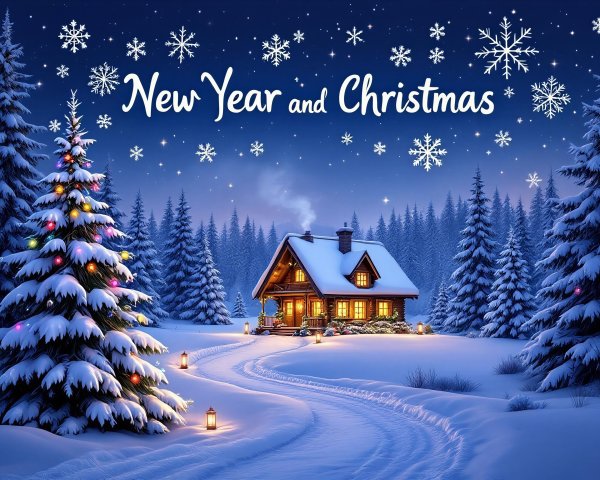 Cozy Snow-Covered Cabin Under Starry Night Sky