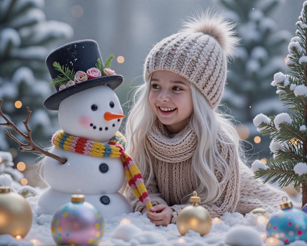 Cheerful girl and snowman in a winter scene