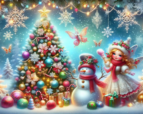 Whimsical Winter Scene with Christmas Tree and Snowman