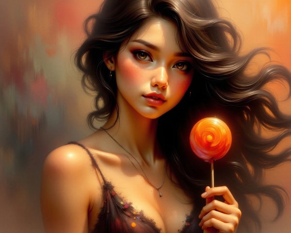 Young Woman with Lollipop Against Warm Background