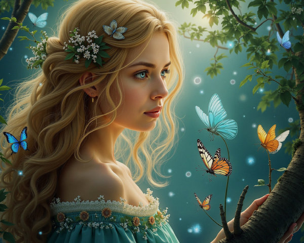 Young woman in a magical forest with butterflies