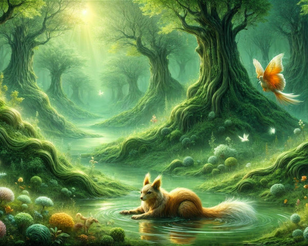 Serene Fox by Sparkling Stream in Enchanted Forest