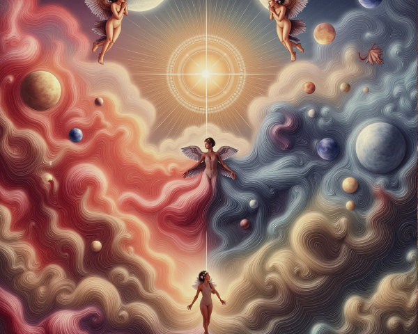 Celestial Scene with Angels, Moons, and Planets