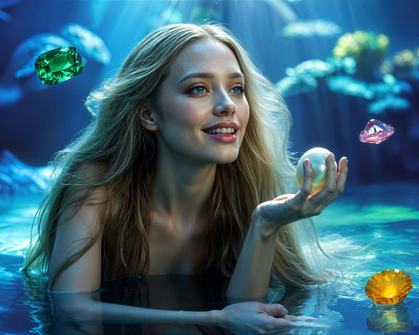 Underwater Scene with Woman and Glowing Pearl