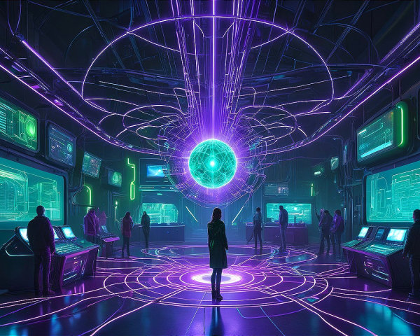 Futuristic control room with neon lights and holograms