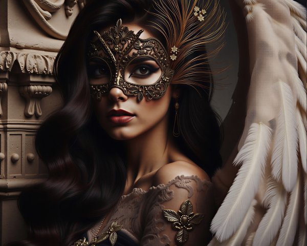 Elegant woman in gown with gold mask and wings