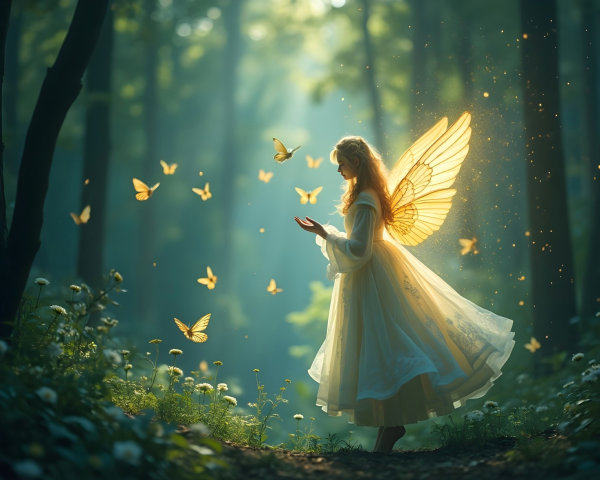 Ethereal figure with butterfly wings in a serene forest