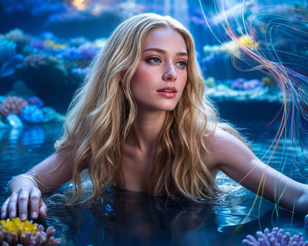 Underwater Scene with a Young Woman and Coral Reef