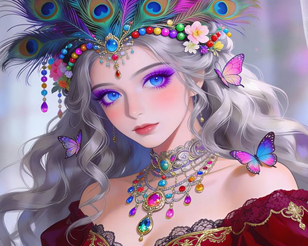 Digital Painting of Anime Woman with Peacock Feather Headpiece