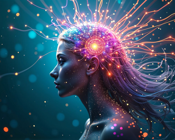 Profile of a Woman with Neural Connections and Lights