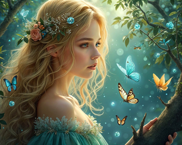 Fairy-tale Scene with Woman, Butterflies, and Gems