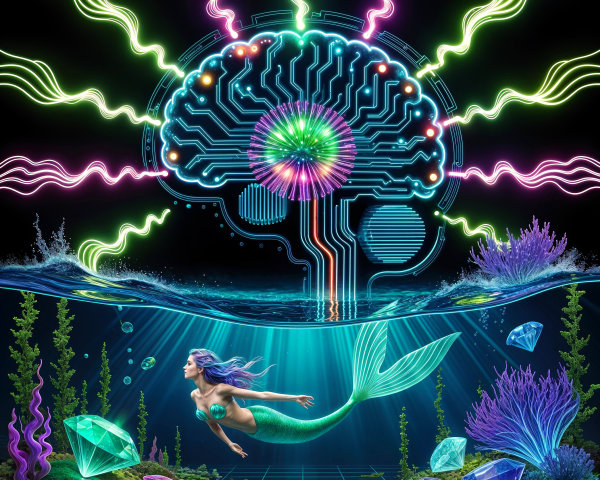 Mermaid in Vibrant Ocean with Neon Brain Illustration