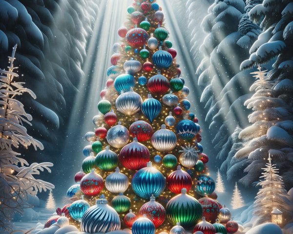 Vibrant Christmas Tree in Snowy Forest Setting