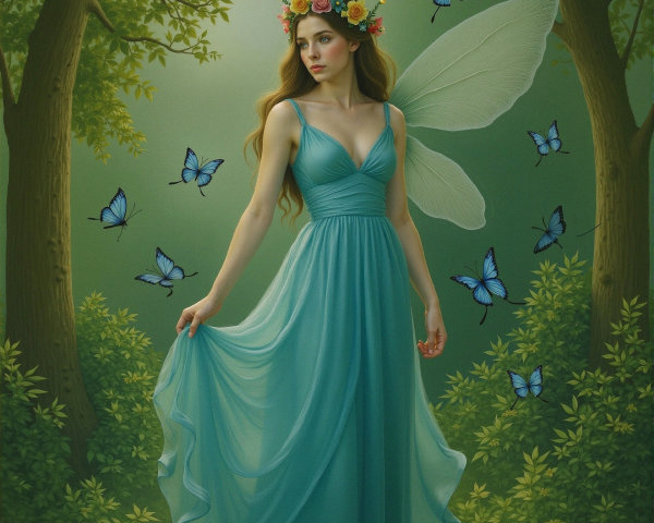 Fairy in Lush Forest with Butterfly Wings and Gown