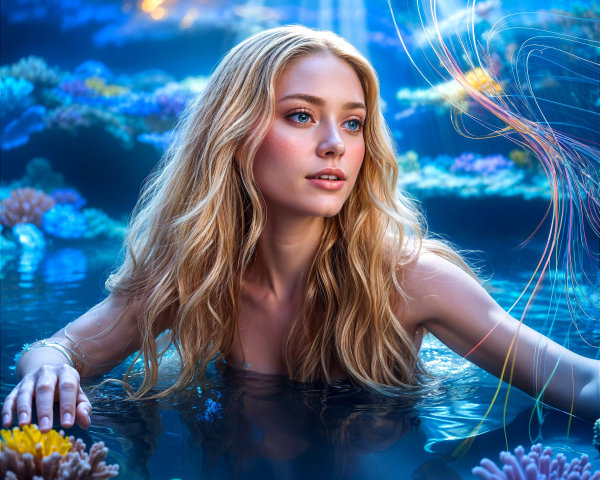 Young woman in vibrant underwater coral scene