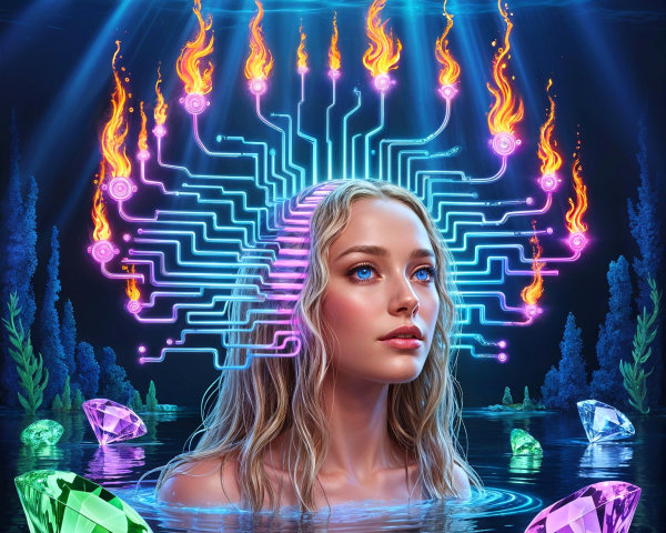 Serene woman in tranquil waters with glowing jewels