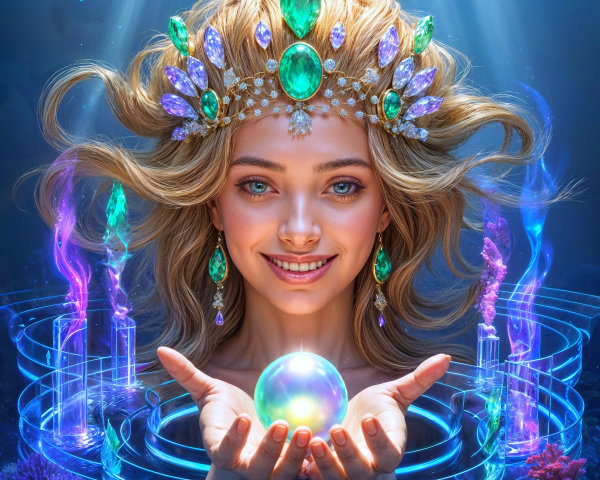 Magical Underwater Scene with Radiant Young Woman