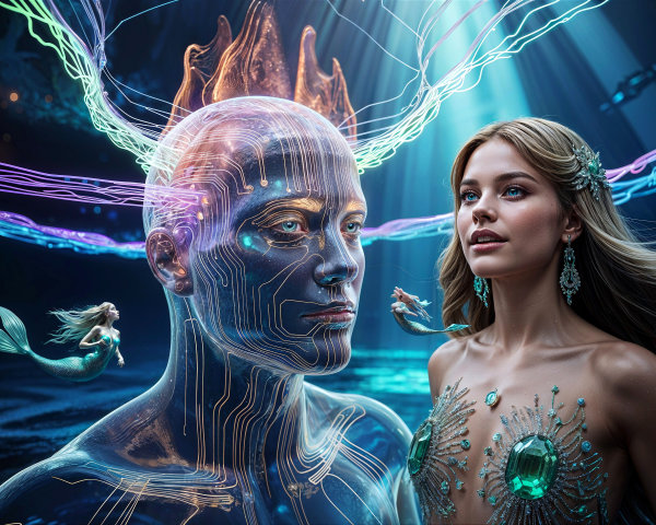Underwater Scene with Humanoid Figure and Mermaids