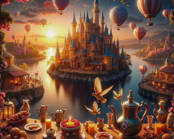 Majestic Castle on an Island at Sunset with Balloons