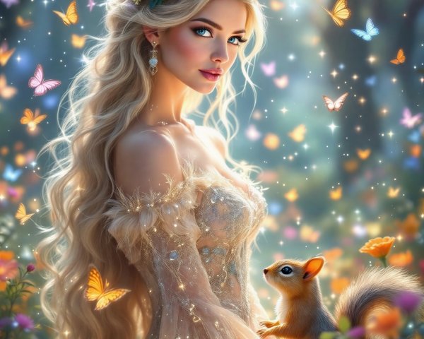 Mystical forest scene with a woman and butterflies