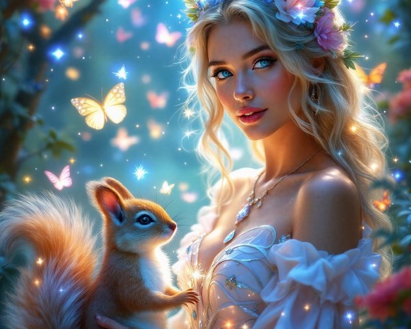 Magical forest scene with butterflies and floral crown