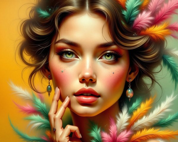 Portrait of a Young Woman with Green Eyes and Feathers