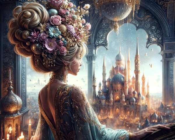 Regal figure with floral headdress by ornate palace window