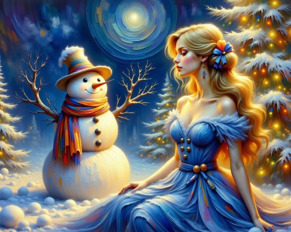 Whimsical Winter Scene with Woman and Snowman
