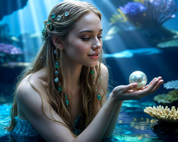 Underwater Scene with Young Woman and Luminous Pearl