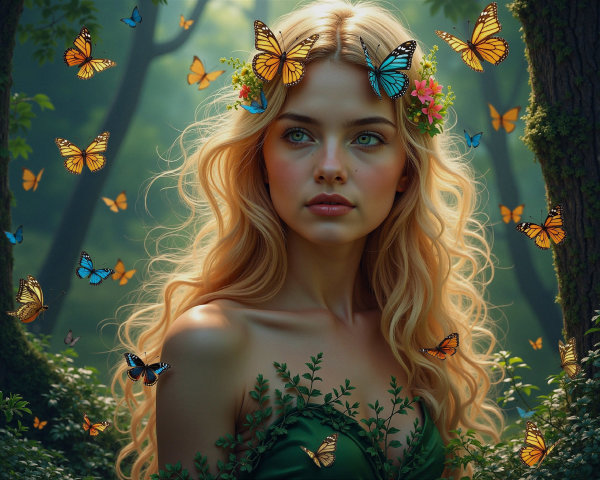 Young Woman in Enchanted Forest with Butterflies