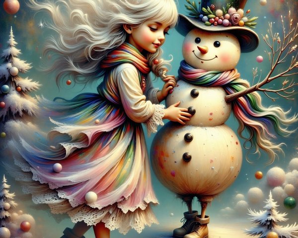 Whimsical Winter Scene with Girl and Snowman