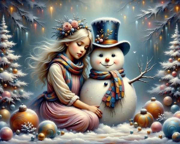 Winter Scene with Girl and Snowman in Snowy Landscape