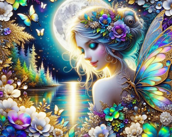 Whimsical Fairy by a Shimmering Lake at Night