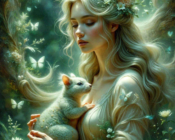 Serene Woman with Creature in Mystical Nature Setting