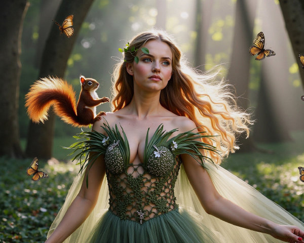 Woman in Enchanted Gown Surrounded by Nature's Beauty