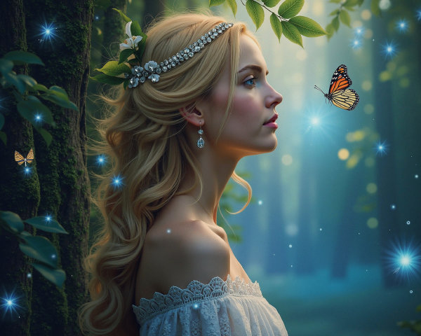 Serene Woman in Mystical Forest with Ethereal Light