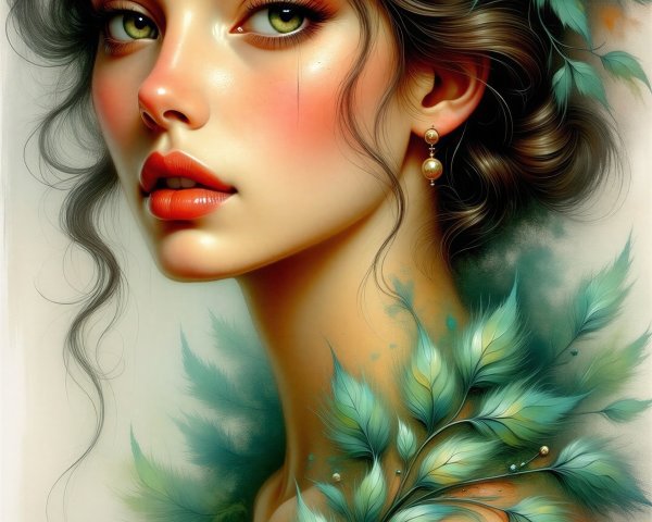 Watercolor Portrait of a Young Woman with Floral Accents