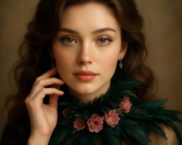 Portrait of a Young Woman with Emerald Eyes and Green Collar