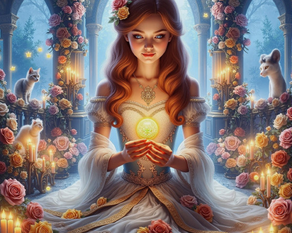 Young woman with glowing orb in mystical garden setting