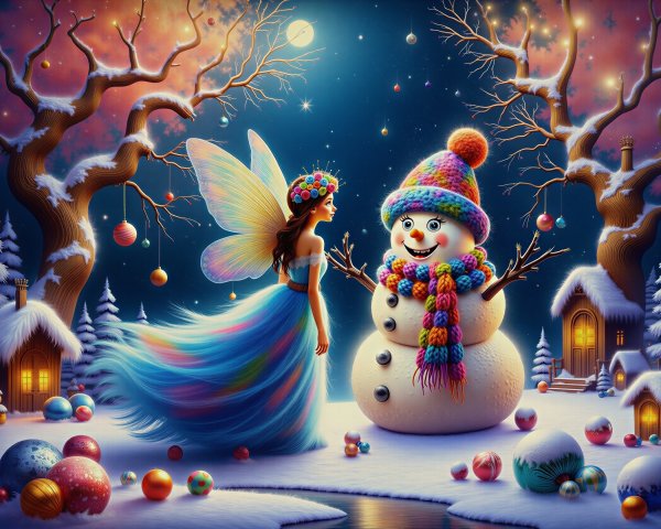 Whimsical Winter Scene with Fairy and Snowman