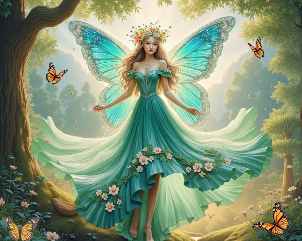 Fairy in a Stream Surrounded by Butterflies and Flowers