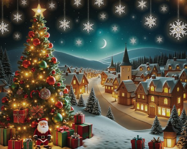 Cozy Winter Scene with Christmas Tree and Santa Claus