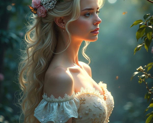 Young woman in off-shoulder gown in a garden