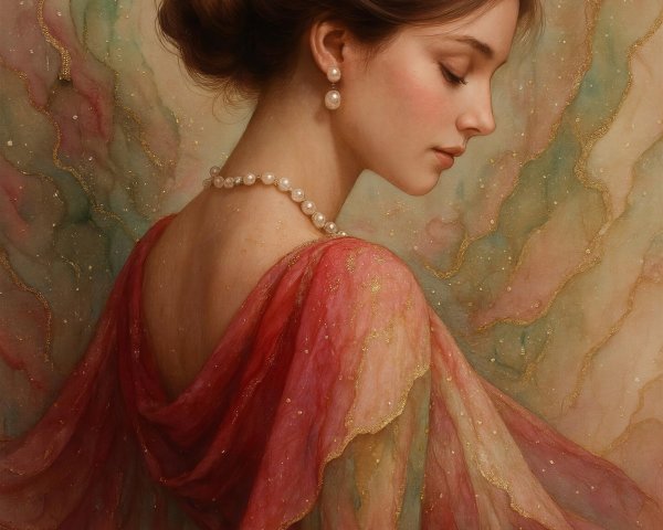 Profile of a Woman in Soft Pink and Gold Fabric