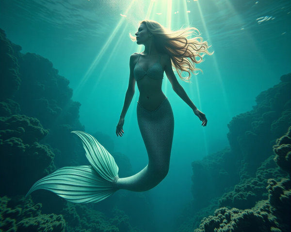 Underwater Scene of Mermaid Among Coral Formations