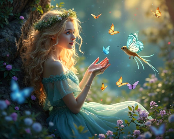 Young Woman in Floral Crown Surrounded by Butterflies