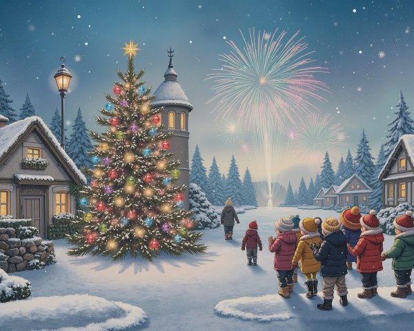 Snowy Village Christmas Scene with Fireworks and Lights