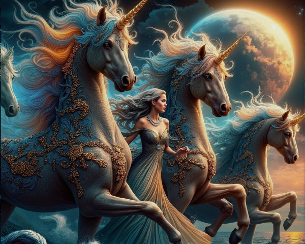Woman in gown walks with unicorns under moonlight
